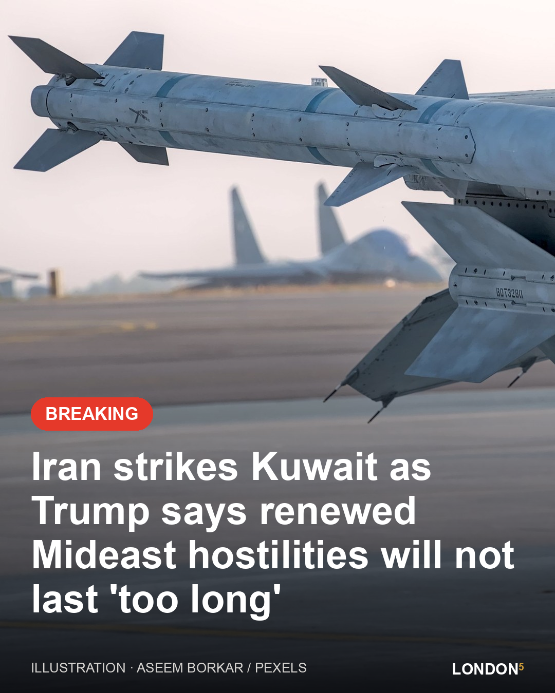 Illustration for: Iran launches missiles and drones against Kuwait, while US President Trump comments on the situation.